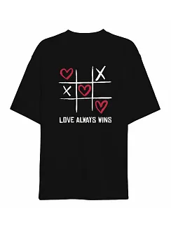 14 Şubat Sevgililer Günü Love Always Wins Baskılı Oversize Bisiklet Yaka T-shirt - Siyah