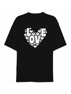 Sevgililer Günü İçin Özel Tasarım Love Kalp Baskılı T-shirt - Siyah