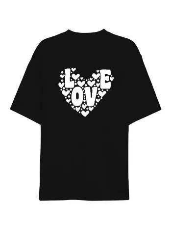 Sevgililer Günü İçin Özel Tasarım Love Kalp Baskılı T-shirt - Siyah