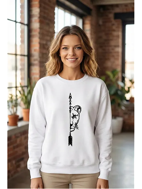 Sevgililer Günü Özel Bisiklet Yaka Aslan Baskılı Oversize Sweatshirt - Beyaz