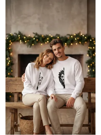 Sevgililer Günü Özel Bisiklet Yaka Aslan Baskılı Oversize Sweatshirt - Beyaz