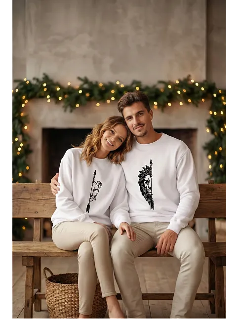 Sevgililer Günü Özel Bisiklet Yaka Aslan Baskılı Oversize Sweatshirt - Beyaz