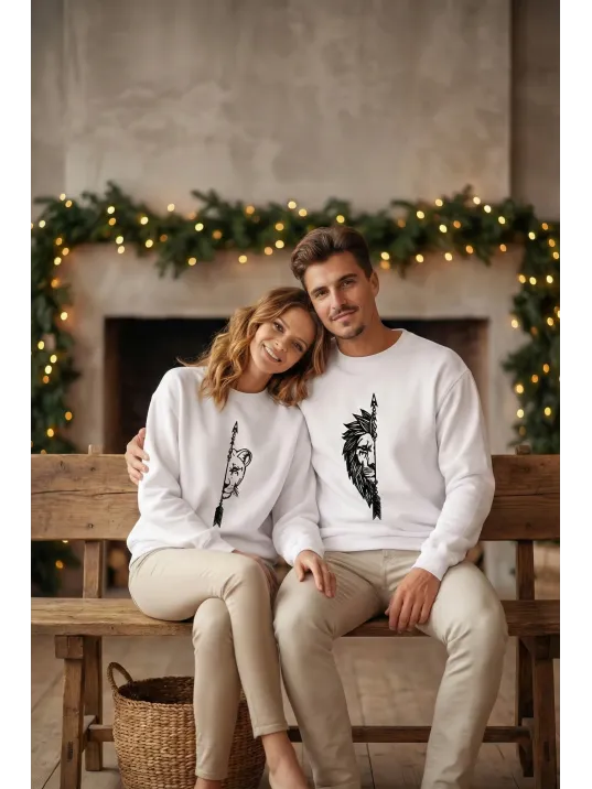 Sevgililer Günü Özel Bisiklet Yaka Aslan Baskılı Oversize Sweatshirt - Beyaz