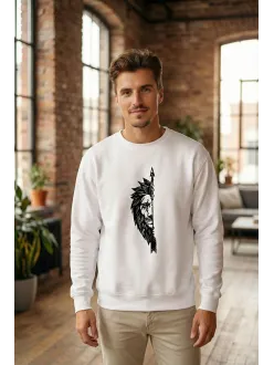 Sevgililer Günü Özel Bisiklet Yaka Aslan Baskılı Oversize Sweatshirt - Beyaz