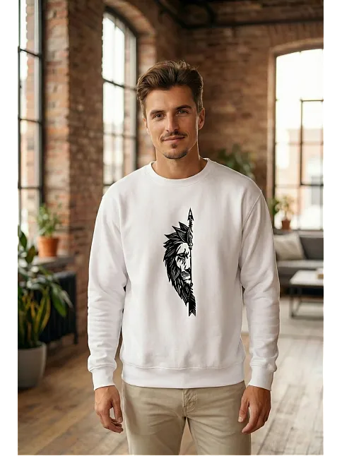 Sevgililer Günü Özel Bisiklet Yaka Aslan Baskılı Oversize Sweatshirt - Beyaz