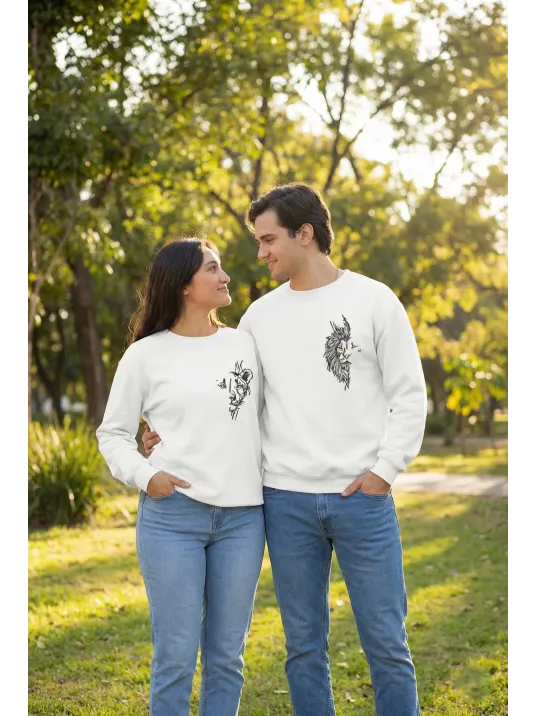 Sevgililer Günü Özel Bisiklet Yaka Baskılı Oversize Sweatshirt - Beyaz