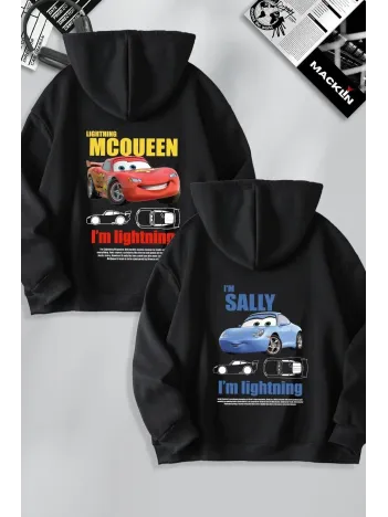 Sevgililer Günü Özel Kapüşonlu Araba Baskılı Oversize Sweatshirt - Siyah