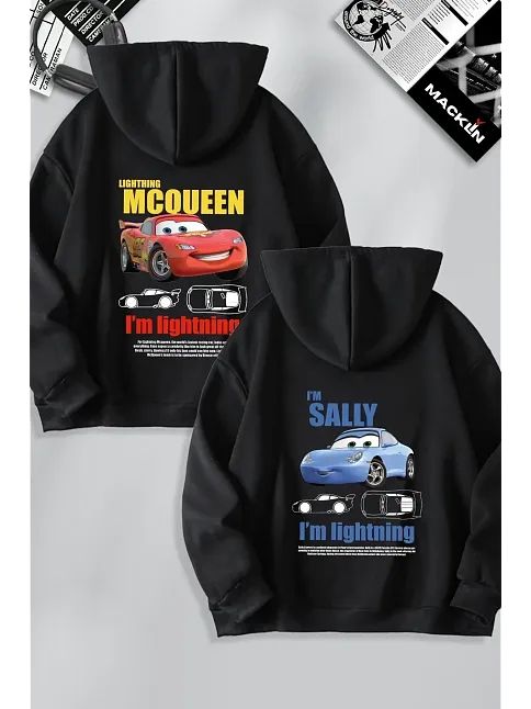 Sevgililer Günü Özel Kapüşonlu Araba Baskılı Oversize Sweatshirt - Siyah