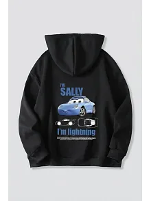 Sevgililer Günü Özel Kapüşonlu Araba Baskılı Oversize Sweatshirt - Siyah