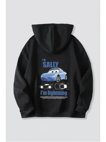 Sevgililer Günü Özel Kapüşonlu Araba Baskılı Oversize Sweatshirt - Siyah