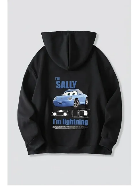 Sevgililer Günü Özel Kapüşonlu Araba Baskılı Oversize Sweatshirt - Siyah