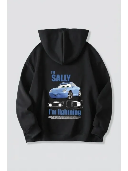 Sevgililer Günü Özel Kapüşonlu Araba Baskılı Oversize Sweatshirt - Siyah