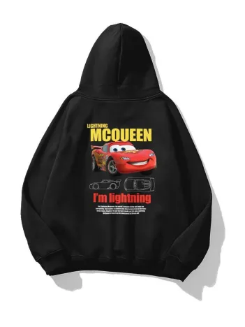 Sevgililer Günü Özel Kapüşonlu Araba Baskılı Oversize Sweatshirt - Siyah