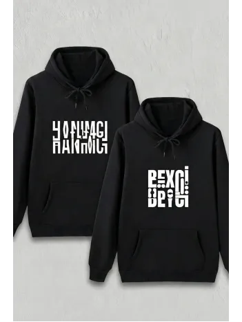 Sevgililer Günü Özel Kapüşonlu Beyci Baskılı Oversize Sweatshirt - Siyah