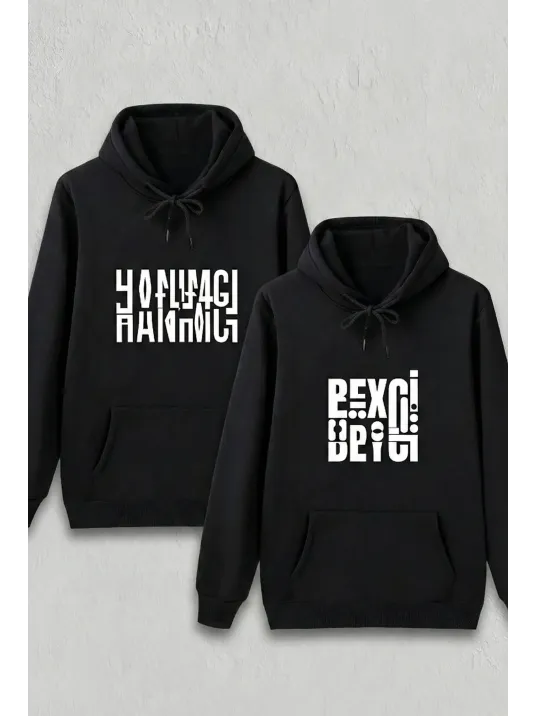 Sevgililer Günü Özel Kapüşonlu Hanımcı Baskılı Oversize Sweatshirt - Siyah