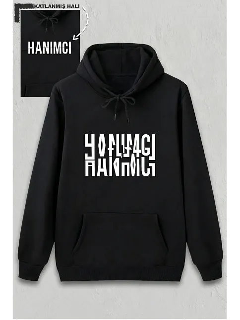 Sevgililer Günü Özel Kapüşonlu Hanımcı Baskılı Oversize Sweatshirt - Siyah