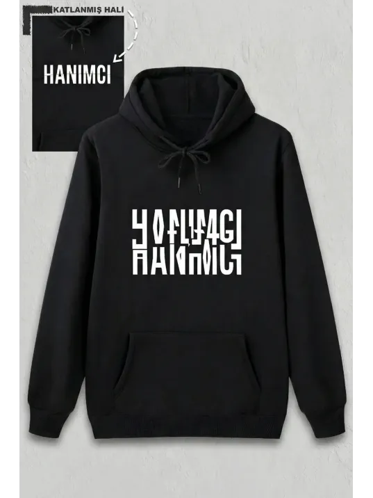 Sevgililer Günü Özel Kapüşonlu Hanımcı Baskılı Oversize Sweatshirt - Siyah