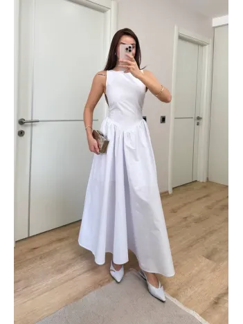 Sifir Kol Beli Oturtmalı Kolsuz Uzun Elbise - Beyaz Sifir Kol Beli Oturtmalı Kolsuz Uzun Elbise - Beyaz