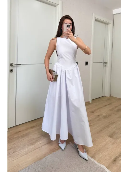 Sifir Kol Beli Oturtmalı Kolsuz Uzun Elbise - Beyaz