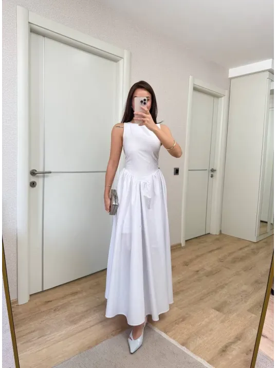 Sifir Kol Beli Oturtmalı Kolsuz Uzun Elbise - Beyaz