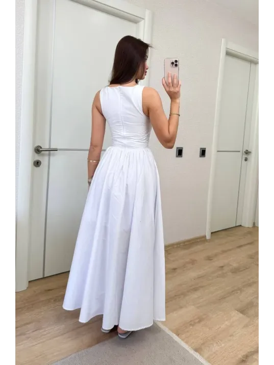 Sifir Kol Beli Oturtmalı Kolsuz Uzun Elbise - Beyaz