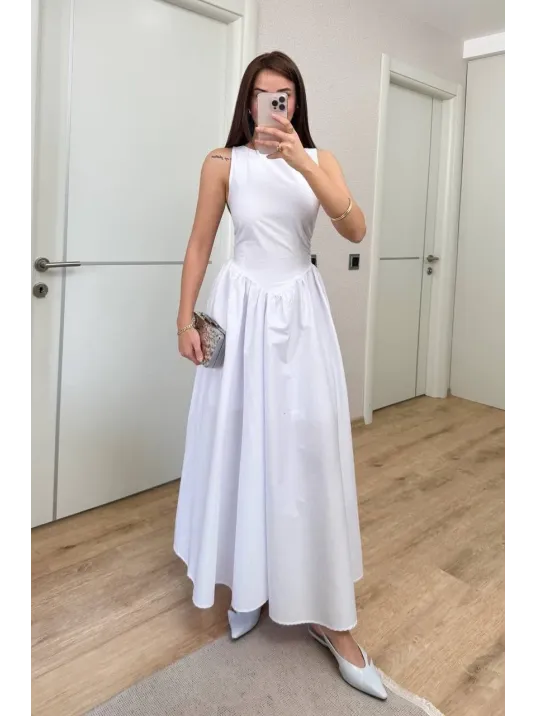 Sifir Kol Beli Oturtmalı Kolsuz Uzun Elbise - Beyaz