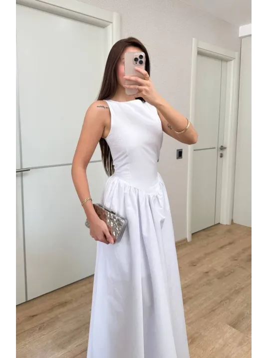Sifir Kol Beli Oturtmalı Kolsuz Uzun Elbise - Beyaz