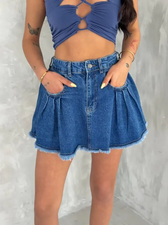 Şık Pileli Yazlık Mini Etekli Kot- Saks Mavisi