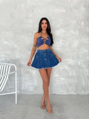 Şık Pileli Yazlık Mini Etekli Kot- Saks Mavisi Şık Pileli Yazlık Mini Etekli Kot- Saks Mavisi