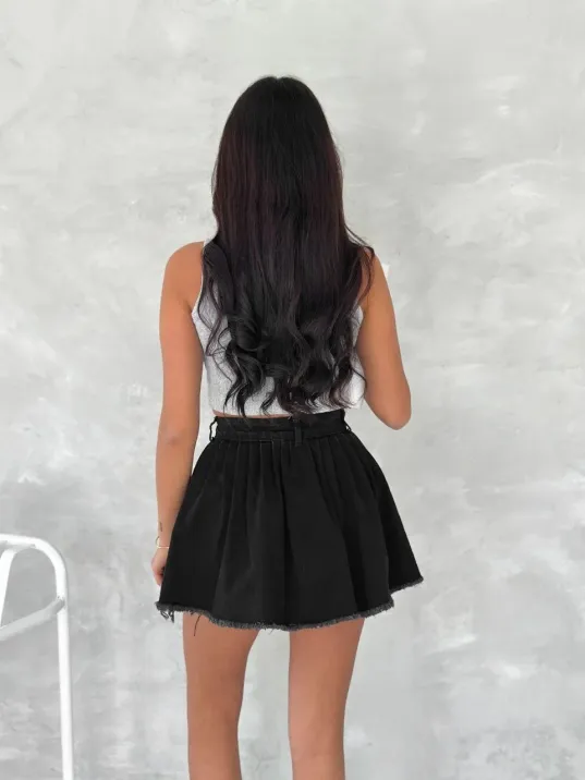 Şık Pileli Yazlık Mini Etekli Kot- Siyah