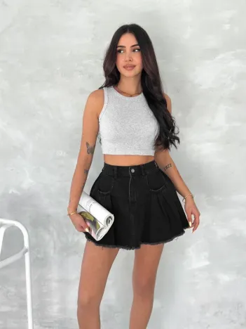 Şık Pileli Yazlık Mini Etekli Kot- Siyah Şık Pileli Yazlık Mini Etekli Kot- Siyah