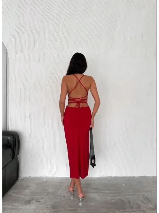 Sırt Bağlamalı Derin Yirtmaç Askılı Elbise - Kırmızı
