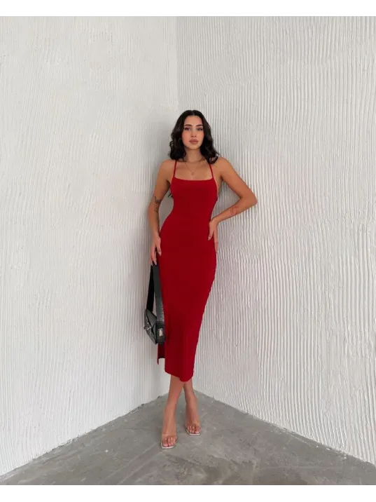 Sırt Bağlamalı Derin Yirtmaç Askılı Elbise - Kırmızı