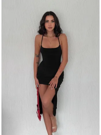 Sırt Bağlamalı Derin Yirtmaç Askılı Elbise - Siyah