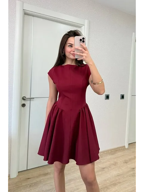 Sırt Dekolteli Çan Detaylı Mini Elbise - Bordo