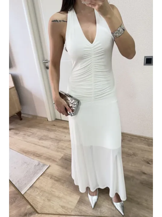 Sırt dekolteli Uzun Elbise - Beyaz