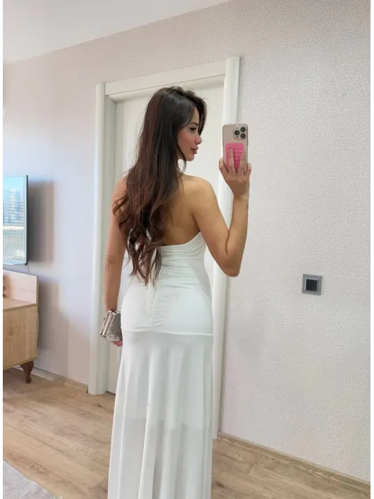 Sırt dekolteli Uzun Elbise - Beyaz