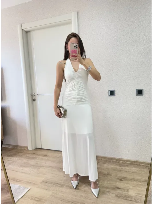 Sırt dekolteli Uzun Elbise - Beyaz