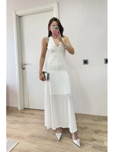 Sırt Dekolteli Uzun Elbise - Beyaz