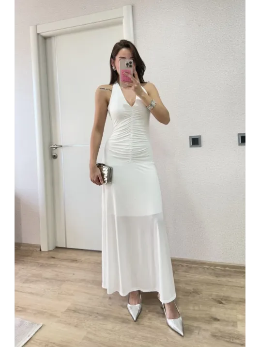 Sırt dekolteli Uzun Elbise - Beyaz