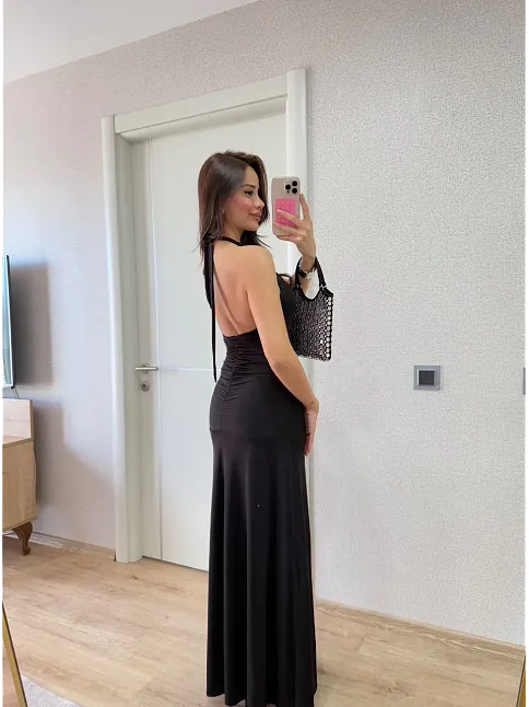 Sırt Dekolteli Uzun Elbise - Siyah