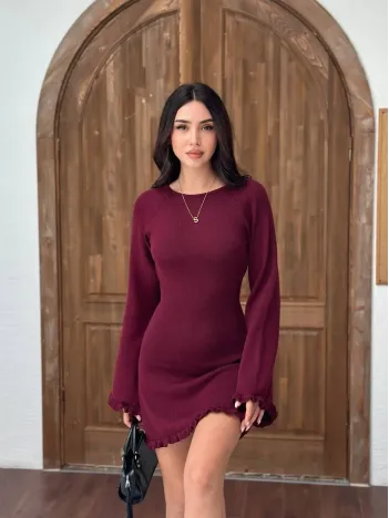 Sırt Pencereli Mini Triko Elbise - Bordo