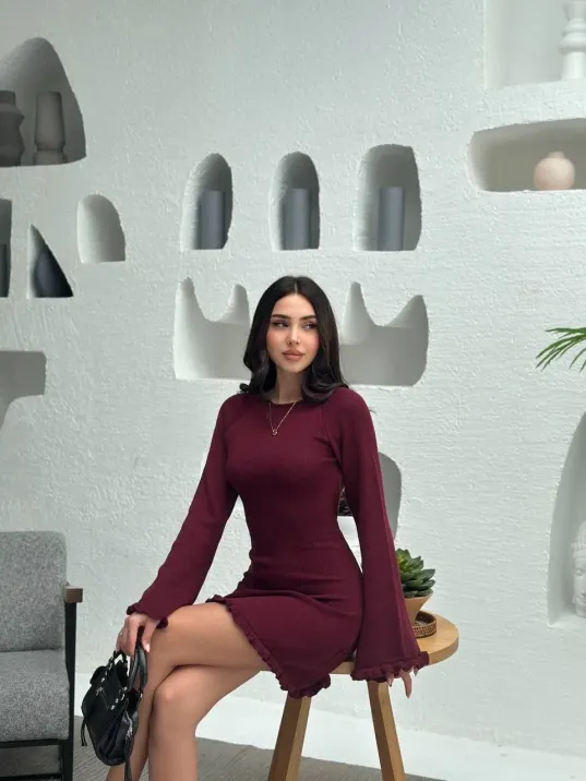 Sırt Pencereli Mini Triko Elbise - Bordo