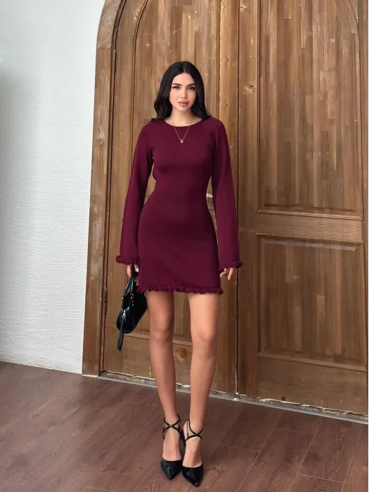 Sırt Pencereli Mini Triko Elbise - Bordo