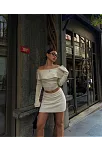 Straplez , Madonna , Carmen Yaka Croplu Mini Etekli İkili Takım Triko - Beyaz