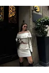 Straplez , Madonna , Carmen Yaka Croplu Mini Etekli İkili Takım Triko - Beyaz