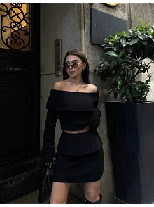 Straplez , Madonna , Carmen Yaka Croplu Mini Etekli İkili Takım Triko - Siyah