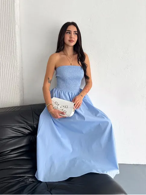 Straplez Pileli Elbise - Açık Mavi