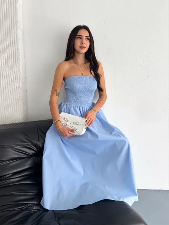 Straplez Pileli Elbise - Açık Mavi