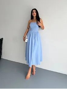 Straplez Pileli Elbise - Açık Mavi